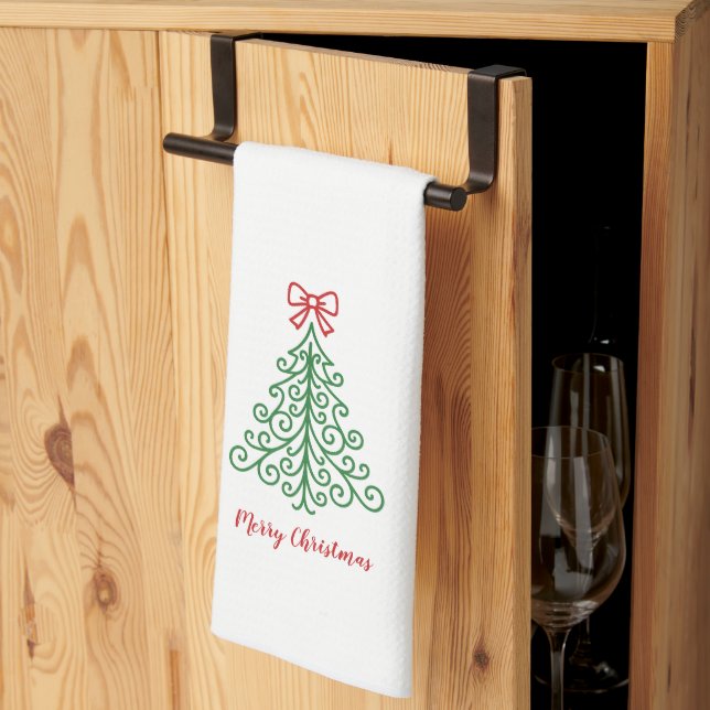 Simple Tree with Bow Modern Christmas Tea Towel (Thirds Fold)