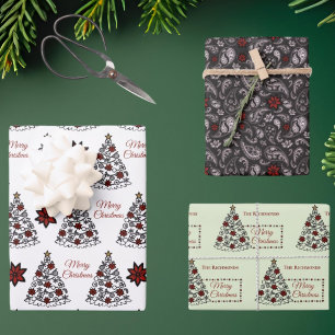 Simple Tree with Poinsettia Accents Christmas Wrapping Paper Sheet