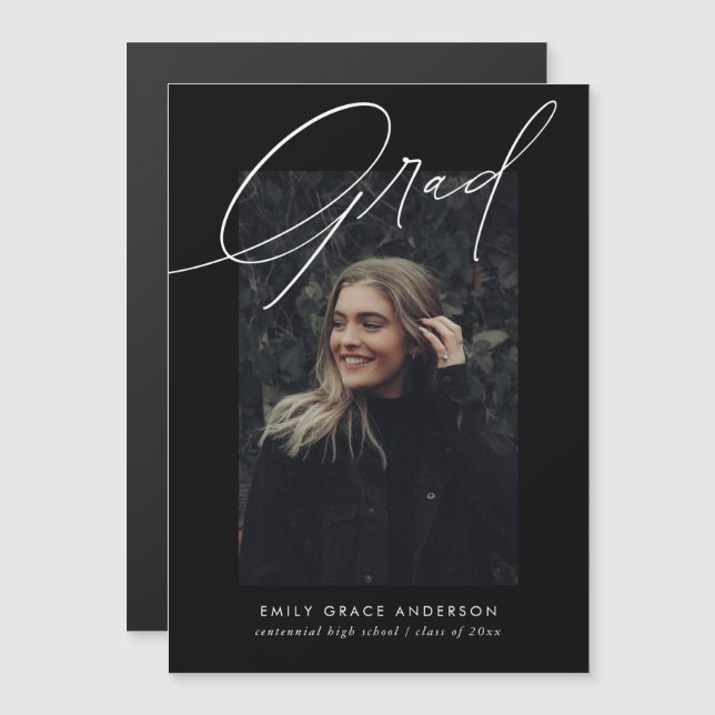Simple Trendy Calligraphy Three Photo Graduation Magnetic Invitation (Front/Back)