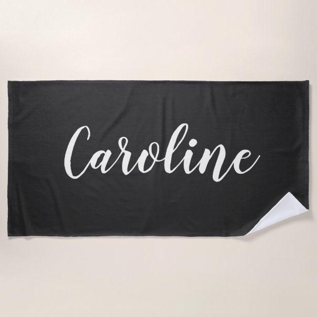 Simple Trendy Chic Black Calligraphy Personalised  Beach Towel (Front)
