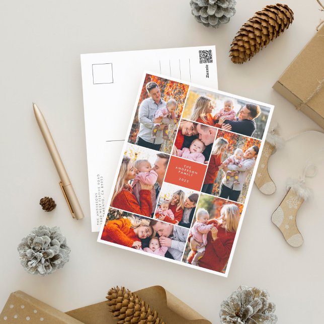 Simple Trendy Festive 8 Photo Collage Christmas Holiday Postcard (Creator Uploaded)