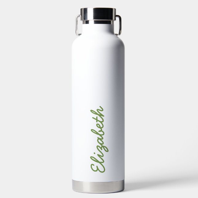 Simple Trendy Green Handwritten Script Name  Water Bottle (Front)