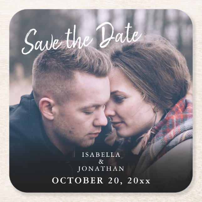 Simple Trendy Handwriting Photo Save The Date Square Paper Coaster (Front)