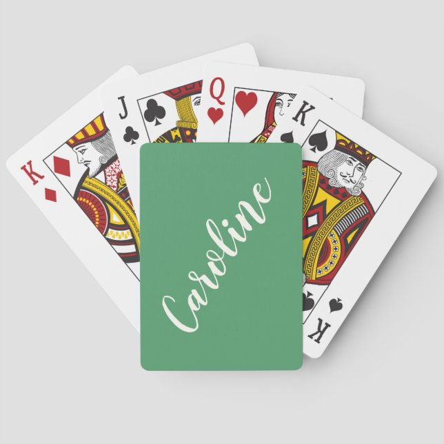Simple Trendy Kelly Green Calligraphy Personalised Playing Cards (Back)