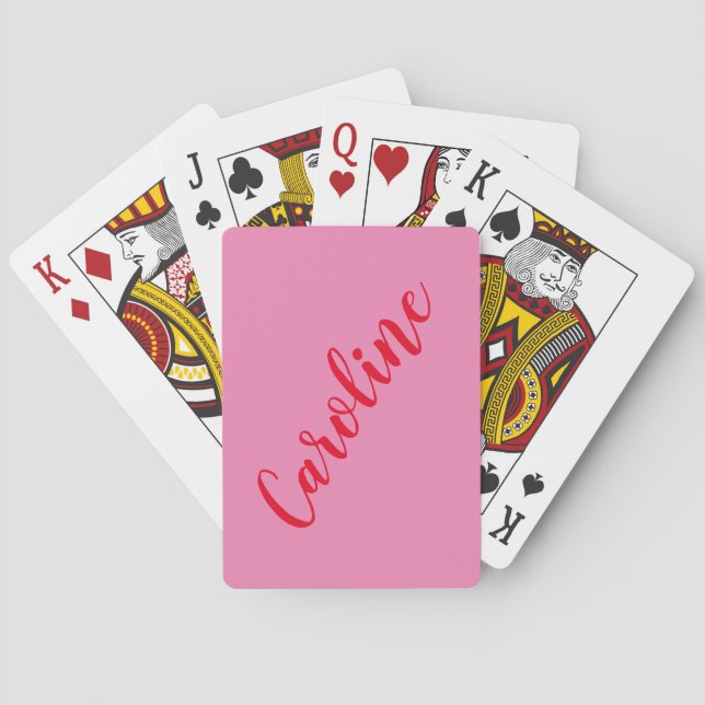 Simple Trendy Pink Red Calligraphy Personalised Playing Cards (Back)