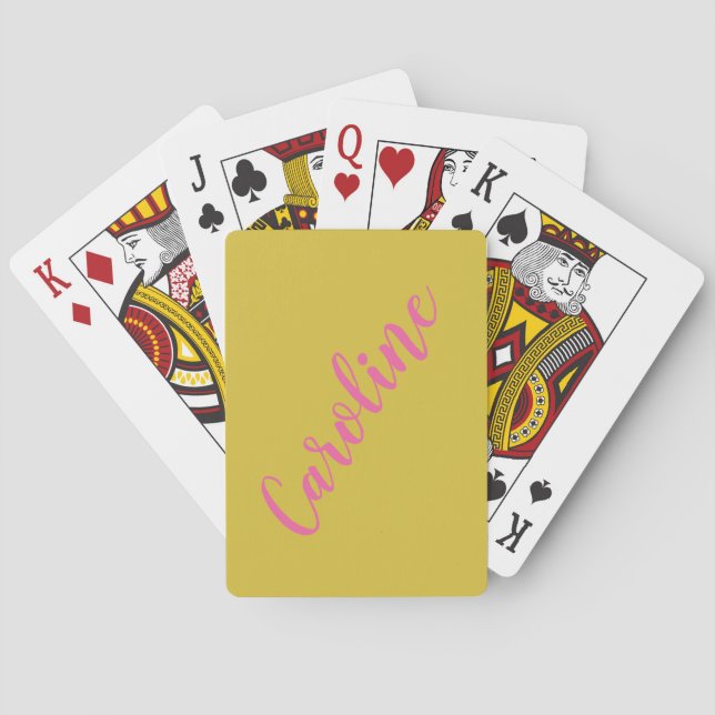 Simple Trendy Pink Yellow Calligraphy Personalised Playing Cards (Back)