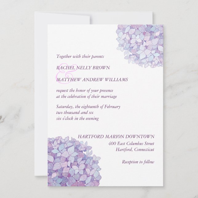 Simple Trendy Purple Hydrangeas Wedding Invitation (Front)