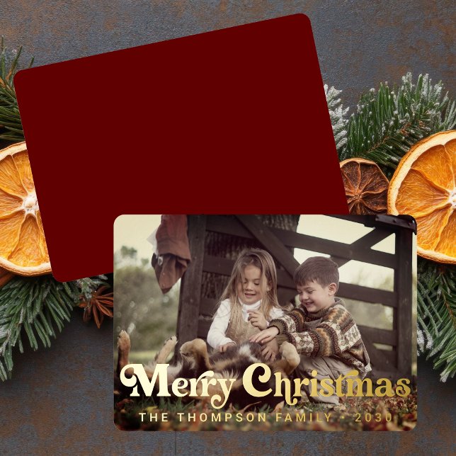 Simple Trendy Retro Typography Photo Christmas Foil Holiday Card (Creator Uploaded)