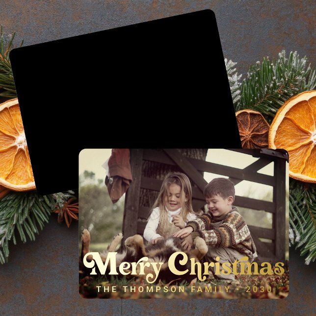 Simple Trendy Retro Typography Photo Christmas Foil Holiday Card (Creator Uploaded)