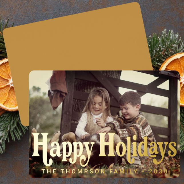 Simple Trendy Retro Typography Photo Christmas Foil Holiday Card (Creator Uploaded)