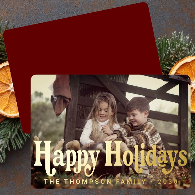 Simple Trendy Retro Typography Photo Christmas Foil Holiday Card (Creator Uploaded)