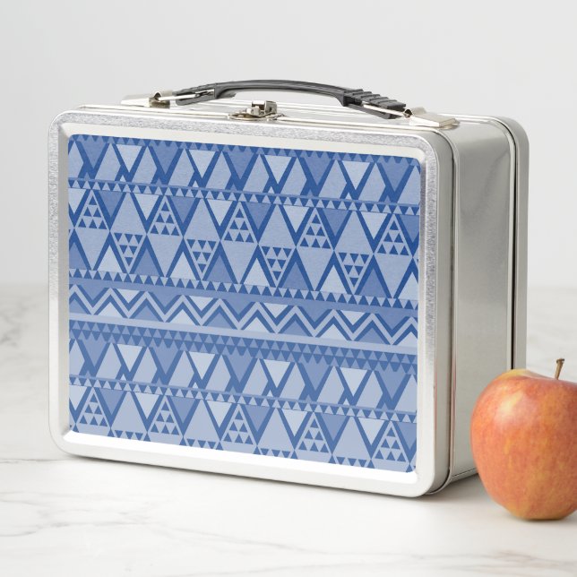 Simple Tribal Art Pattern Blue Metal Lunch Box (In Situ)