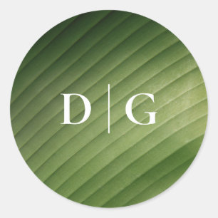 Simple Tropical Banana Leaf Monogram Wedding Classic Round Sticker