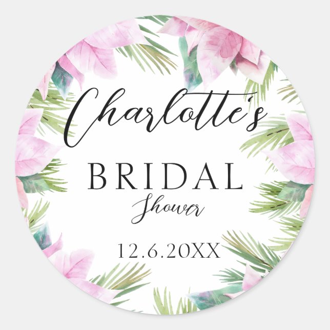 Simple, tropical, floral, Bridal Shower  Classic Round Sticker (Front)