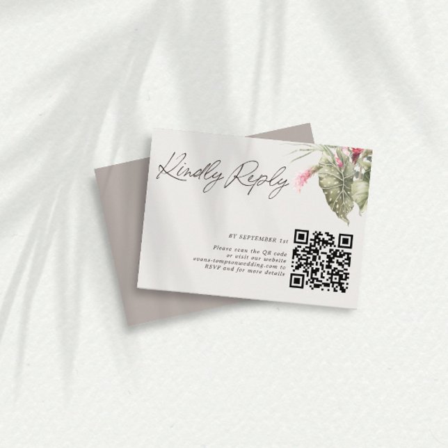 Simple Tropical Floral QR Code Taupe RSVP Card (Creator Uploaded)