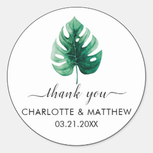 Simple Tropical Green Leaf Wedding Thank You Classic Round Sticker