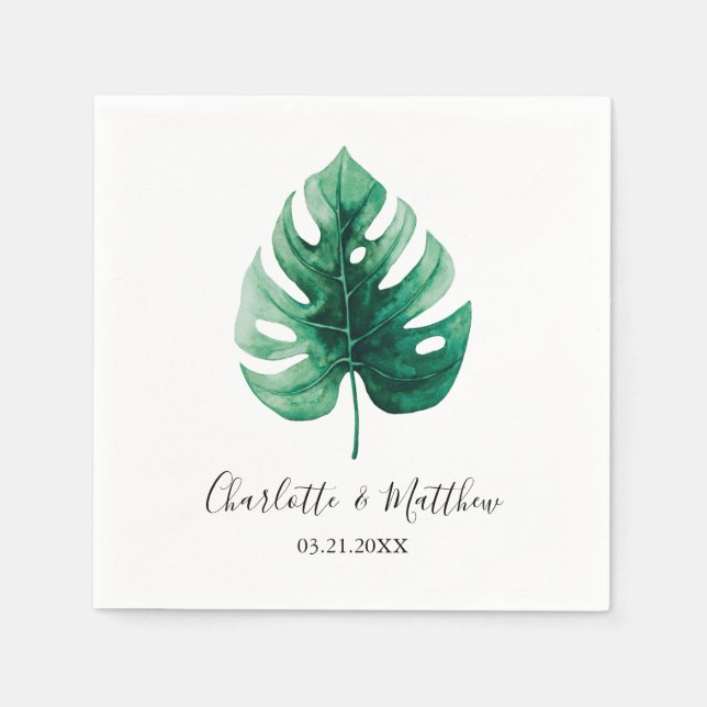 Simple Tropical Green Monstera Leaf Wedding Napkin (Front)