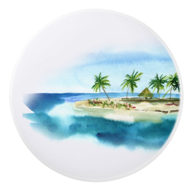 Simple Tropical Island Beach Palm Tree Watercolor  Ceramic Knob (Front)