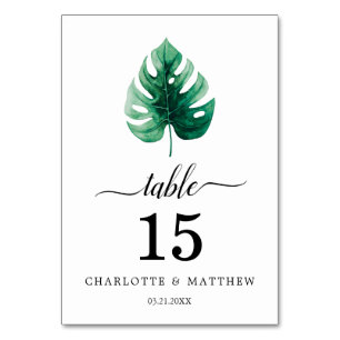 Simple Tropical Watercolor Botanical Green Wedding Table Number