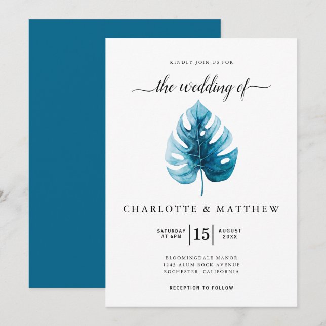 Simple Tropical Watercolor Monstera Leaf Wedding Invitation (Front/Back)