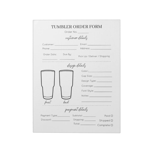 Simple Tumbler Mug Cup Business Order Form List Notepad (Rotated)
