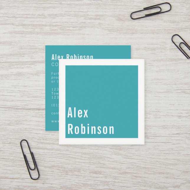 Simple turquoise blue square business card (Front/Back In Situ)
