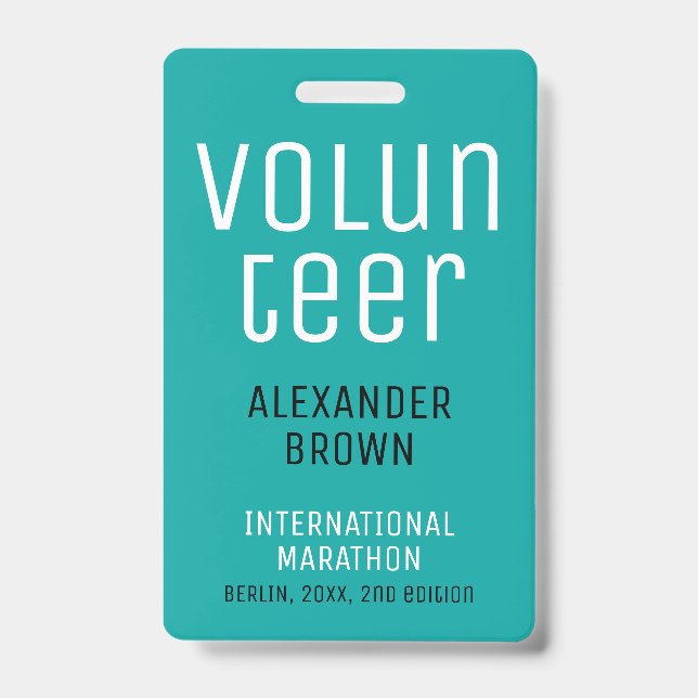 Simple Turquoise Event Volunteer QR Code Name ID Badge (Front)
