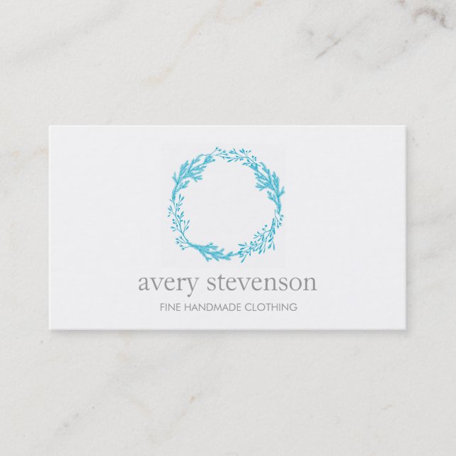 Simple Turquoise Hand Drawn Wreath Logo Nature Business Card (Front)