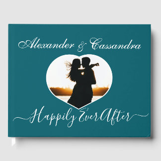 Simple Turquoise Teal Blue Photo Wedding Guest Book