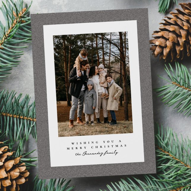 Simple tweed frame black white photo Christmas Holiday Card (Creator Uploaded)