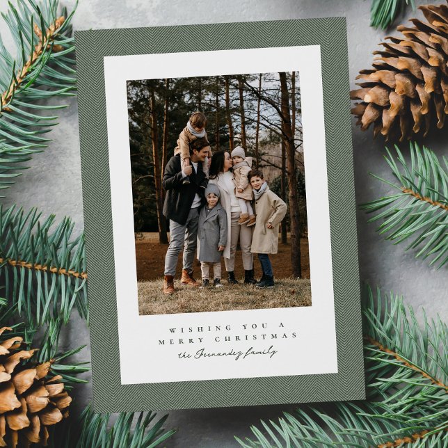 Simple tweed frame green photo Christmas Holiday Card (Creator Uploaded)