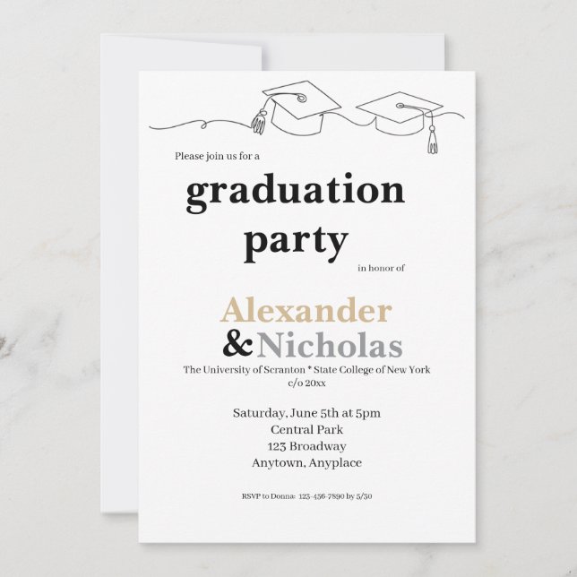Simple Twin Cap and Tassel Graduation Invitation (Front)