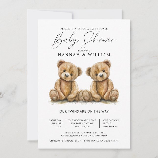 Simple Twins Watercolor Little Bears Baby Shower Invitation (Front)