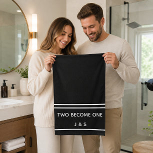 Simple Two Become One Black and White Monogram Bath Towel Set