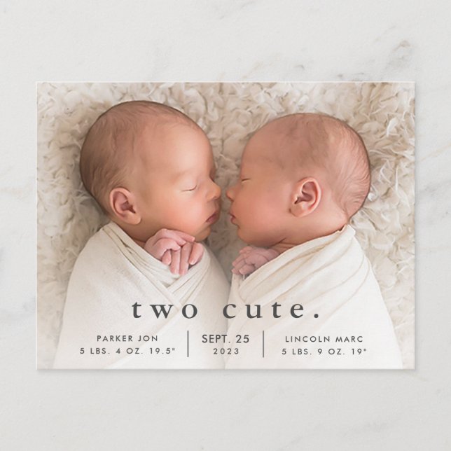 Simple Two Cute Photo Twins Birth Announcement Postcard (Front)
