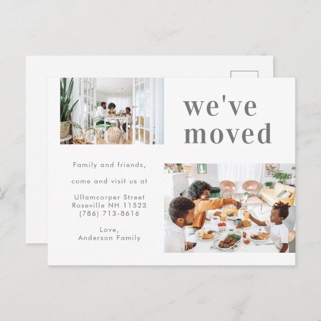  Simple Two Family Photo Minimalist We've Moved Announcement Postcard (Front/Back)
