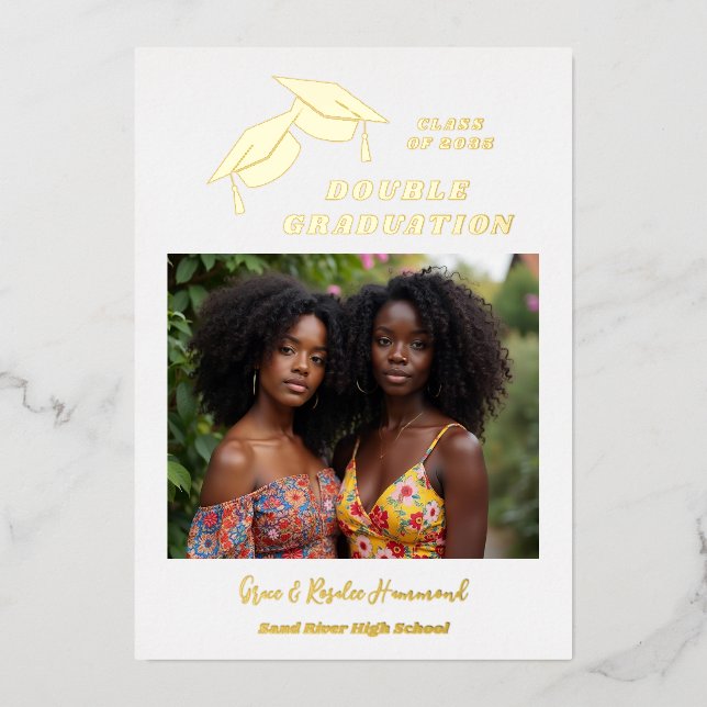 Simple Two Grads Double Graduation Photo Gold  (Front)
