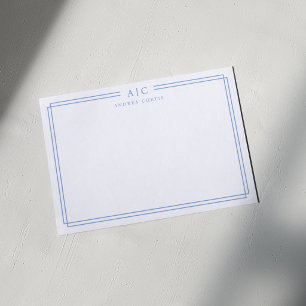 Simple Two Monogram Light Blue Geometric Border Card