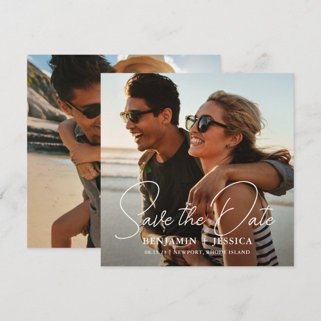 Simple Two Photo Calligraphy Wedding Save the Date (Front/Back)