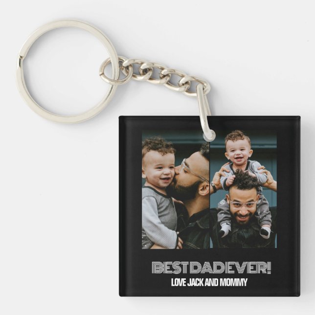 Simple Two Photo Collage Best Dad Ever Key Ring (Front)