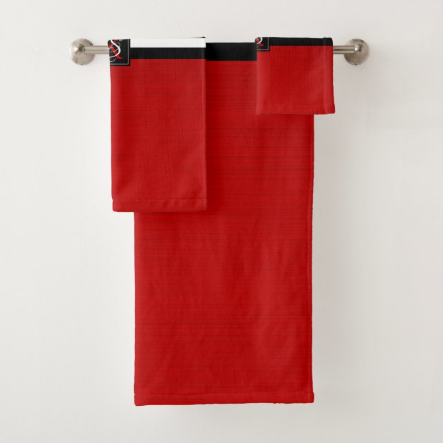 Simple Two Tone Black and Red Initials Monogram Bath Towel Set (Insitu)