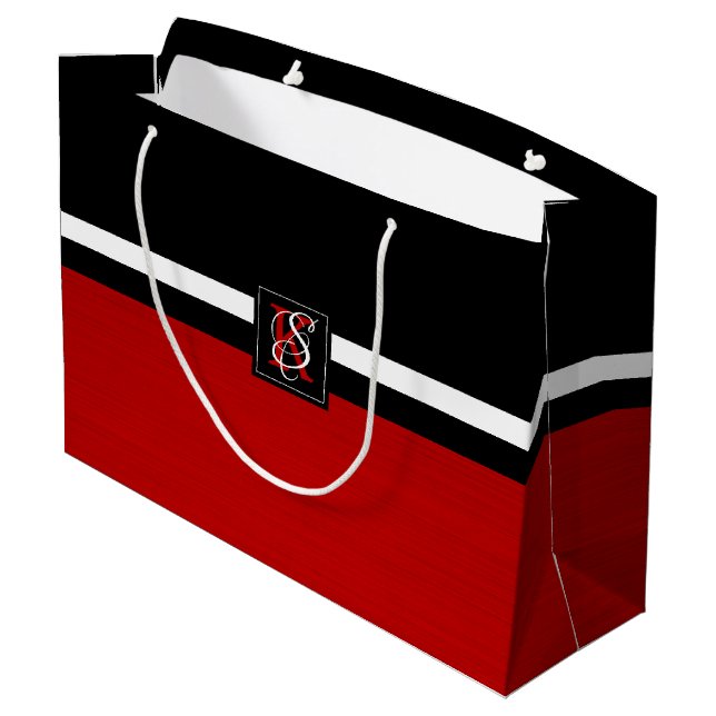 Simple Two Tone Black and Red Initials Monogram Large Gift Bag (Back Angled)