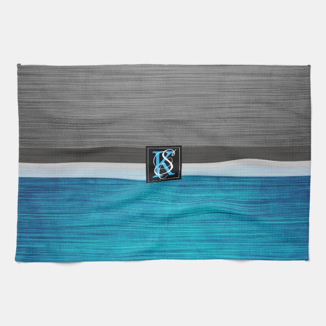 Simple Two Tone Blue and Grey Initials Monogram Tea Towel (Horizontal)