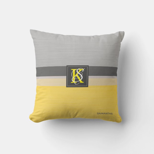 Simple Two Tone Yellow and Grey Initials Monogram Cushion (Front)