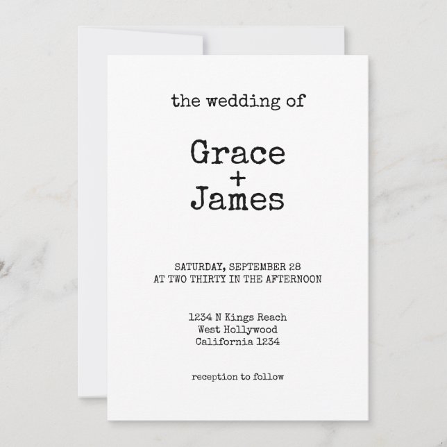 Simple Typewriter Text Minimalist Wedding Invitation (Front)
