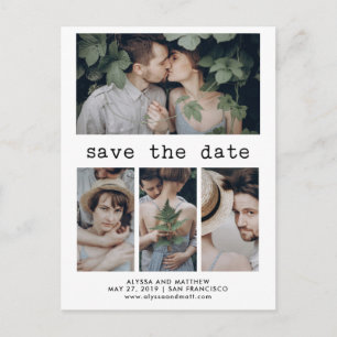 Simple Typewriter Text Save the Date   4 Photo Announcement Postcard