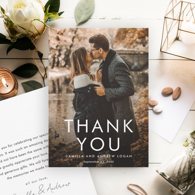 Simple Typographic Modern Photo Wedding  Thank You Card (A simple, elegant wedding thank you card with modern photo overlay typography.)