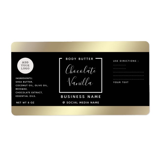 Simple typography black gold cosmetics logo label (Front)