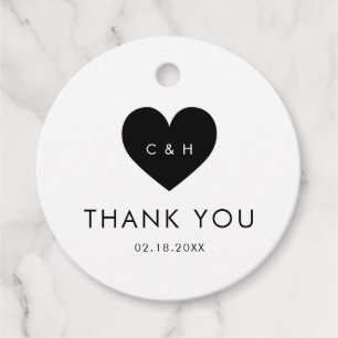 Simple Typography Black Heart Wedding Monogram Favour Tags