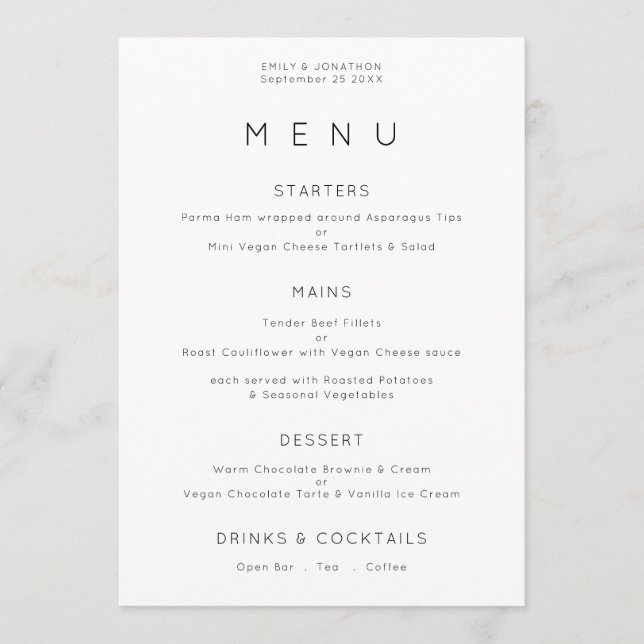 Simple Typography BlacK White Wedding Menu Card (Front)